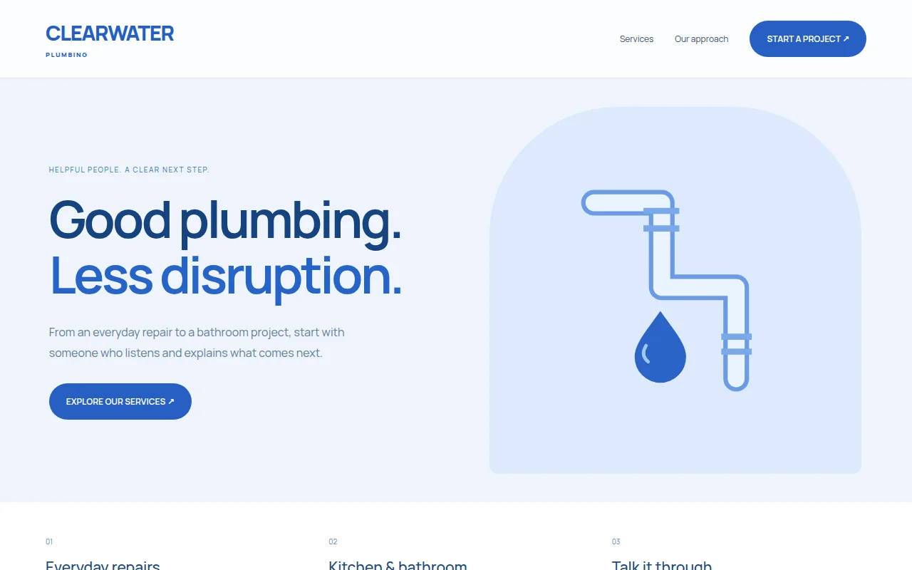 Plumbing website design study: An approachable service website with clear navigation, open space, and confident blue detailing.