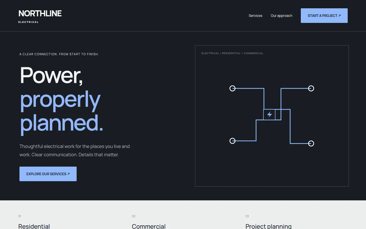 Electrical website design study: A direct, typography-led electrical website with charcoal panels and a restrained blue accent.