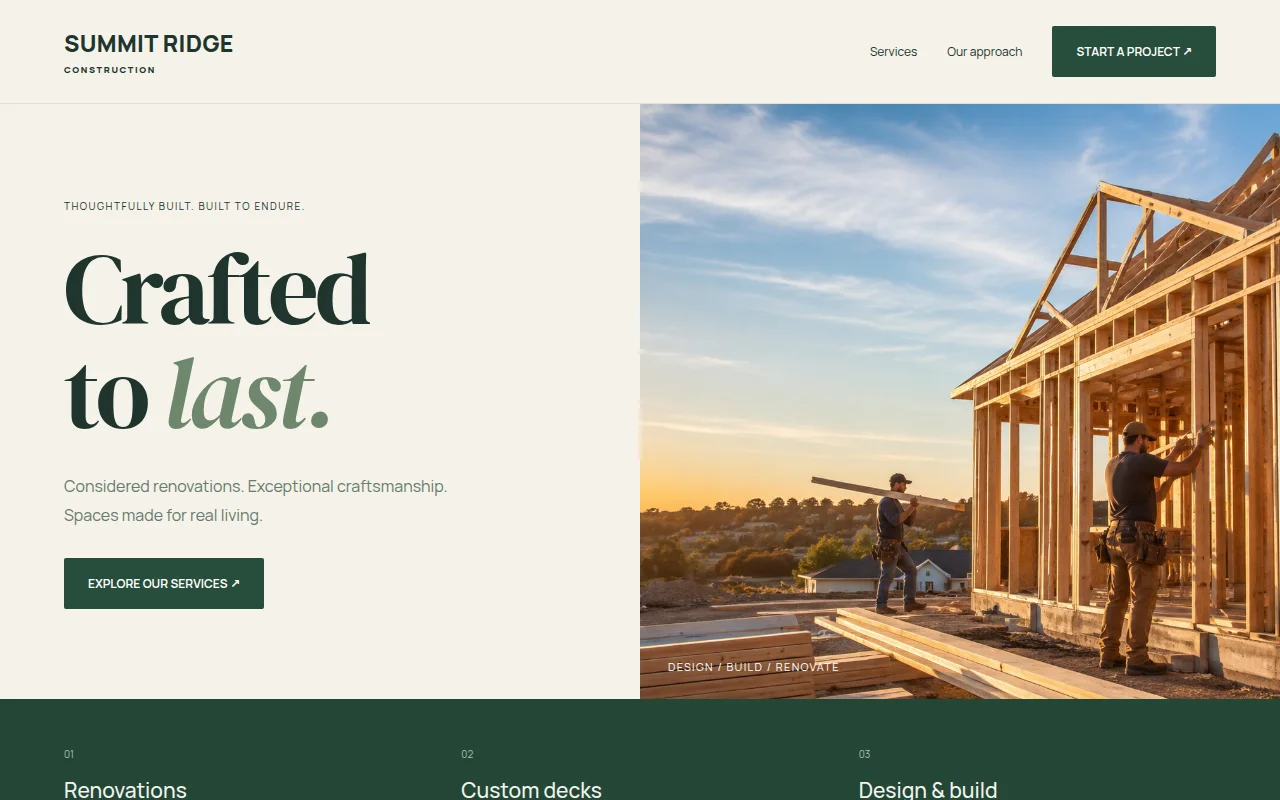 Construction website design study: Forest green, warm neutrals, and an editorial layout for a design-and-build business.