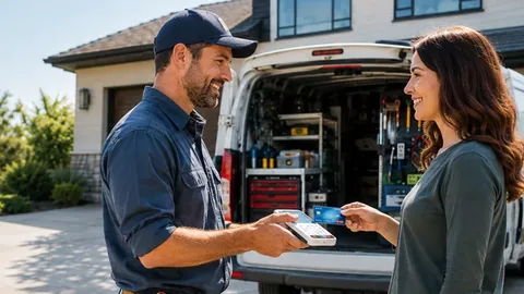 A tradesperson helping a customer use a handheld payment terminal beside a work van.