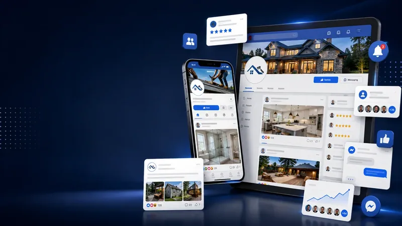 A contractor business Facebook page displayed on a laptop and phone.