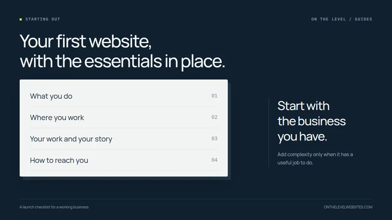 First-website checklist covering services, service area, project evidence, and contact information.