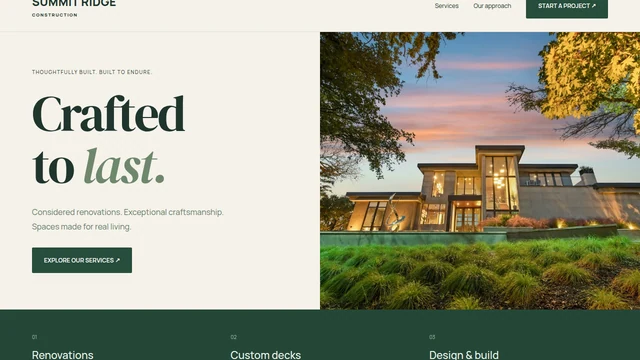 Summit Ridge construction design preview with forest-green typography, cream panels, and a contemporary home at dusk.