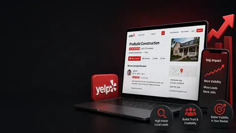 Illustration of a contractor Yelp listing beside advertising cost and visibility graphics.