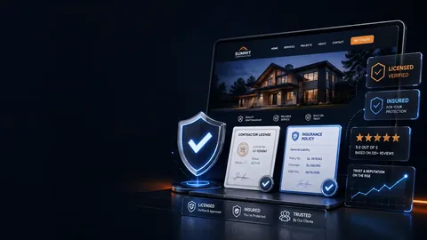 A contractor website showing license, insurance, and customer-review information.