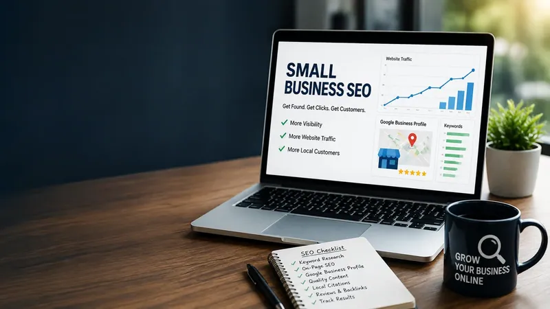 A laptop showing a small-business SEO dashboard beside a checklist and coffee cup.