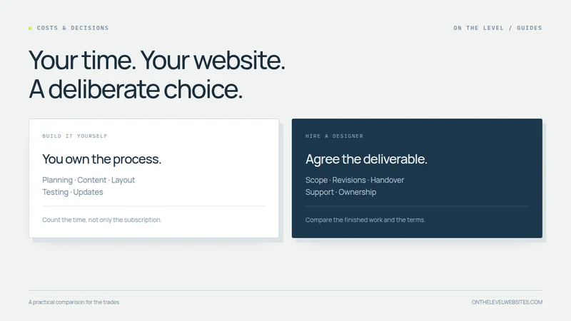 Comparison of the responsibilities involved in building a website yourself and hiring a web designer.
