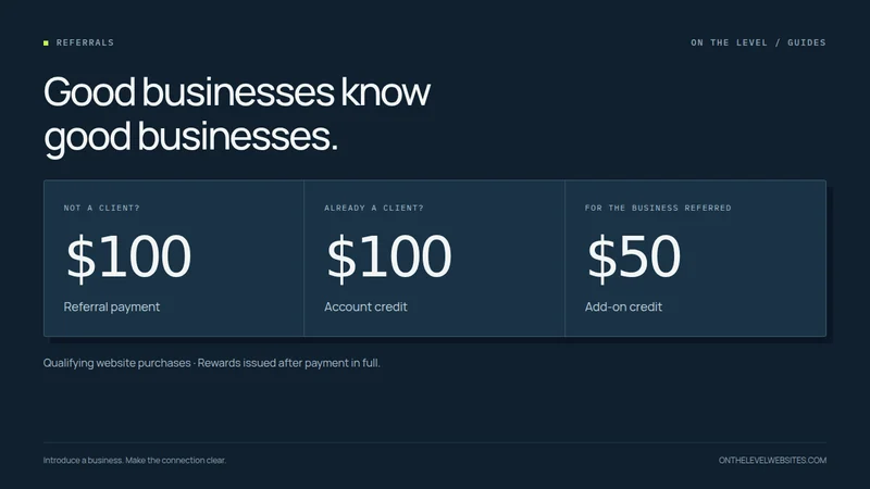 Referral rewards: $100 payment for non-clients, $100 account credit for clients, and $50 add-on credit for the referred business.