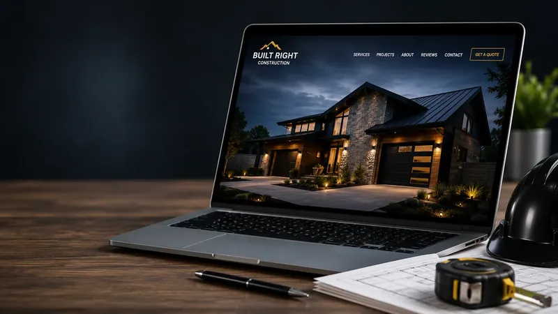 A contractor website featuring a finished home displayed on a laptop.