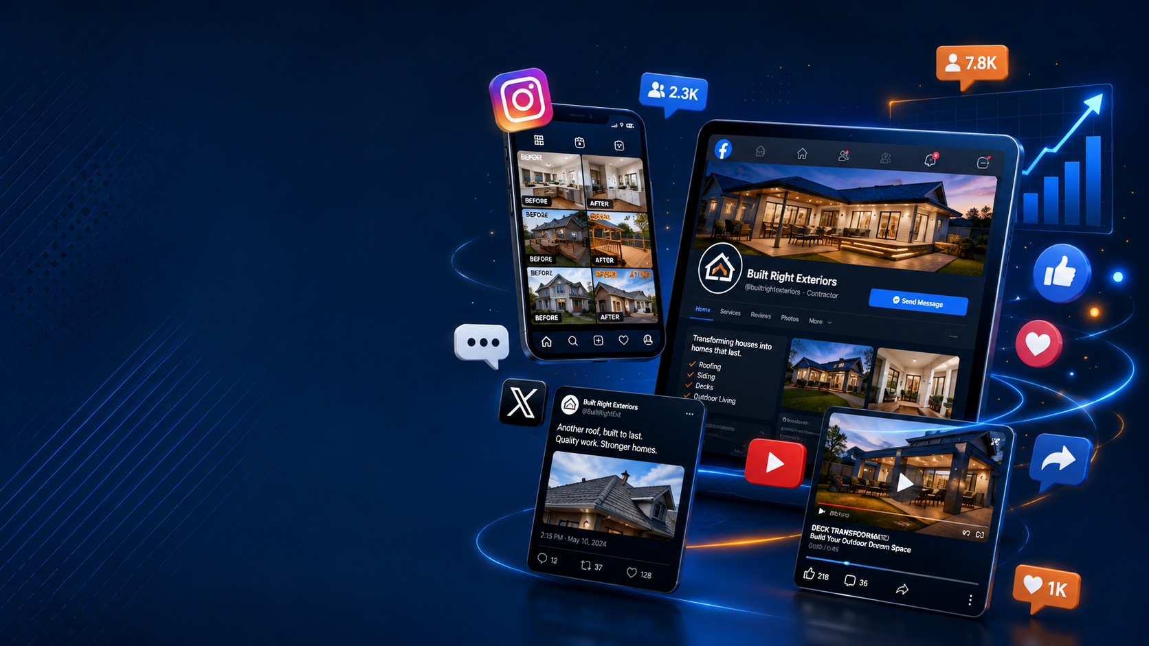 Social media feeds on a phone beside job site photos