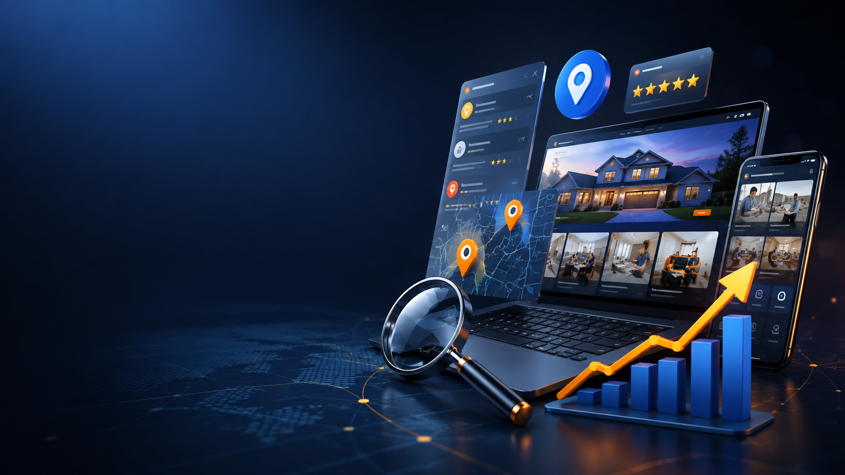 Getting found online — a laptop, tablet and phone showing a contractor's website, map pins and star reviews, with a rising bar chart