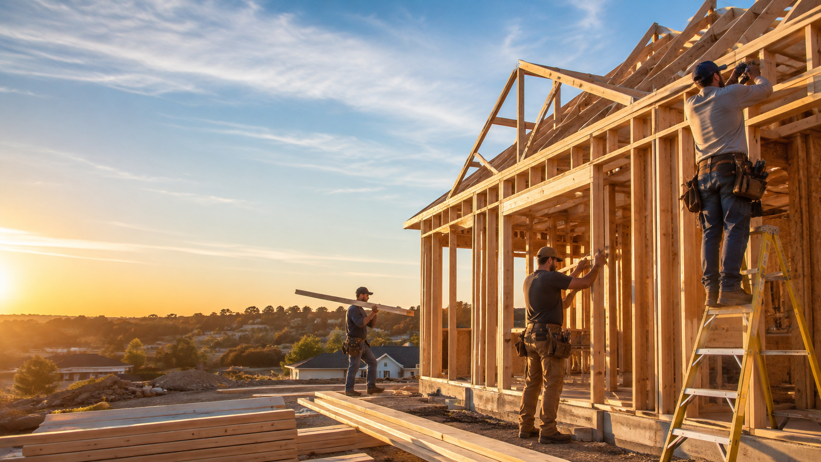 Framers working on a house at sunset